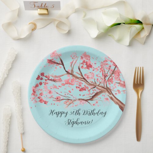 Cherry blossom Sakura Pink Turquoise Birthday Paper Plates