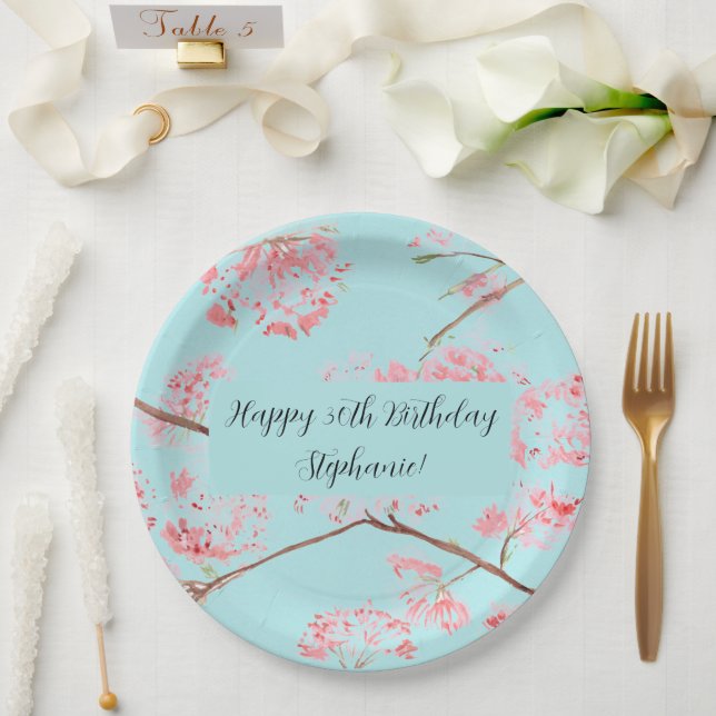Cherry blossom Sakura Pink Turquoise Birthday Paper Plates (Wedding)