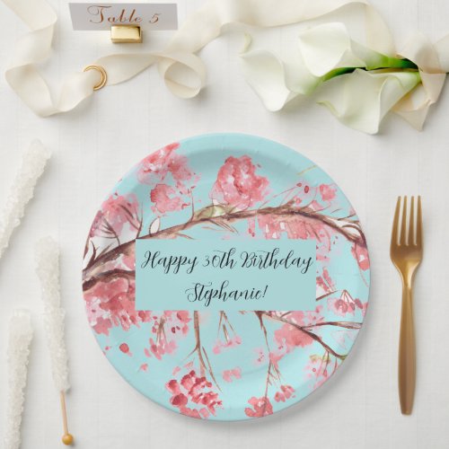 Cherry blossom Sakura Pink Turquoise Birthday  Paper Plates