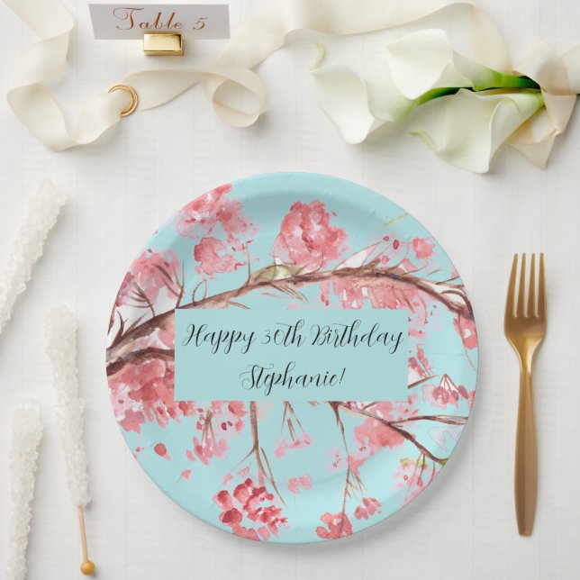 Cherry blossom Sakura Pink Turquoise Birthday  Paper Plates (Wedding)