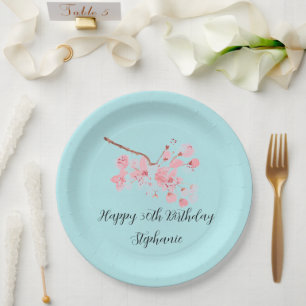 Cherry blossom Sakura Pink Turquoise Birthday Paper Plates