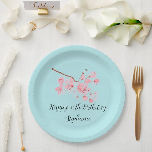 Cherry blossom Sakura Pink Turquoise Birthday  Paper Plates (Wedding)