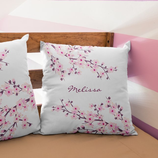 Cherry Blossom (Sakura) Pink White Add Name Throw Pillow (Creator Uploaded)