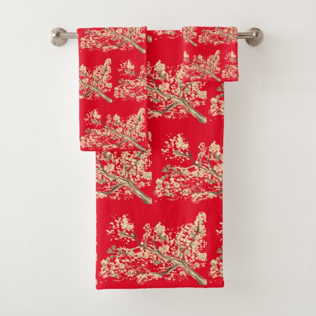 Cherry blossom Sakura Red Floral Japanese White Bath Towel Set (Insitu)