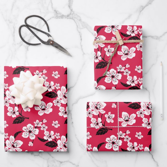 CHERRY BLOSSOM - SAKURA (RED) WRAPPING PAPER SHEETS (Front)