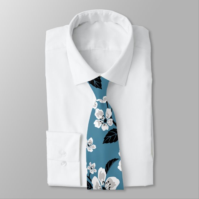 CHERRY BLOSSOM - SAKURA (SMOKY BLUE) NECK TIE (Tied)