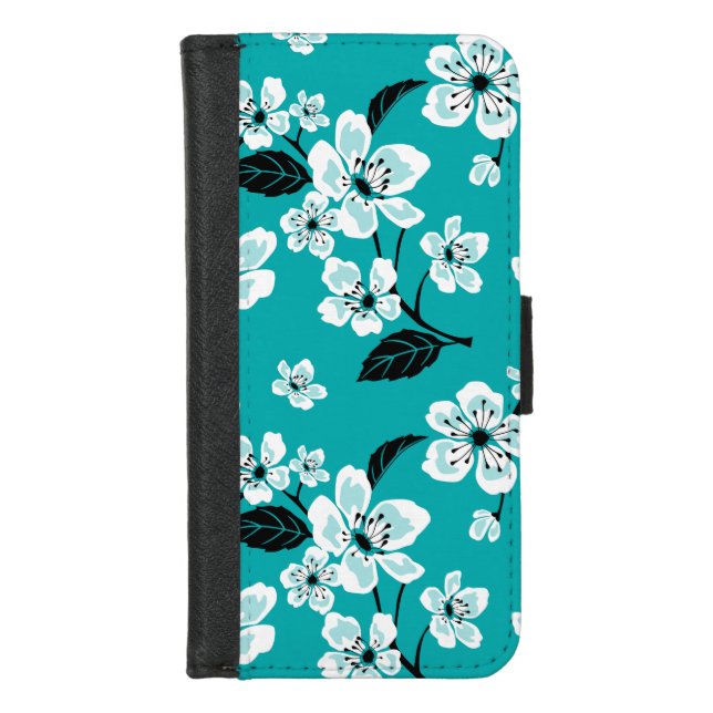 CHERRY BLOSSOM - SAKURA (TEAL) iPhone WALLET CASE (Front)