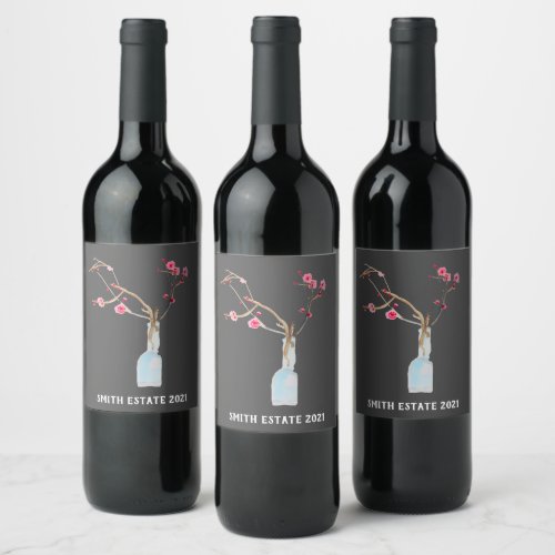 Cherry Blossom sakura watercolor art Wine Label