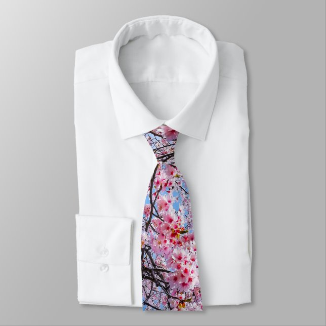 Cherry Blossom Sakuras Oriental Floral Natural Neck Tie (Tied)