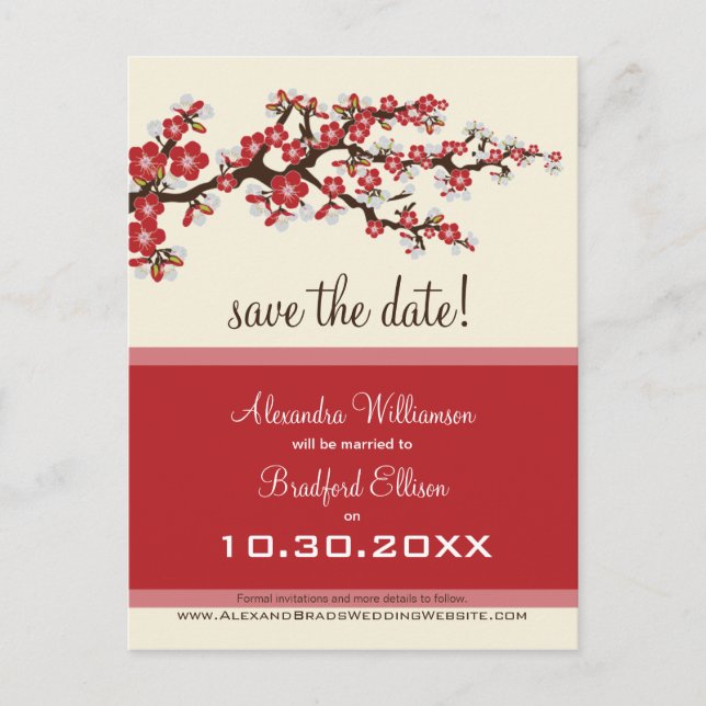 Cherry Blossom Save the Date Postcard (cranberry) (Front)