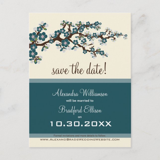 Cherry Blossom Save the Date Postcard (teal) (Front)