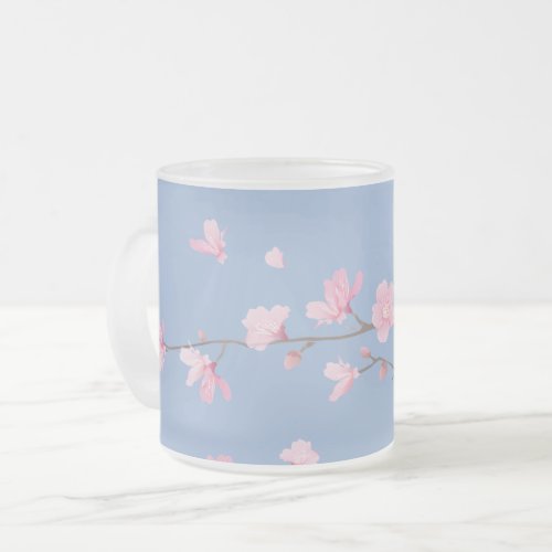 Cherry Blossom _ Serenity Blue Frosted Glass Coffee Mug
