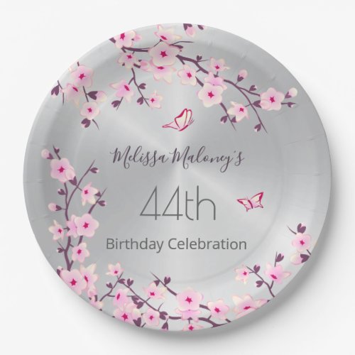 Cherry Blossom Silver Birthday Paper Plates