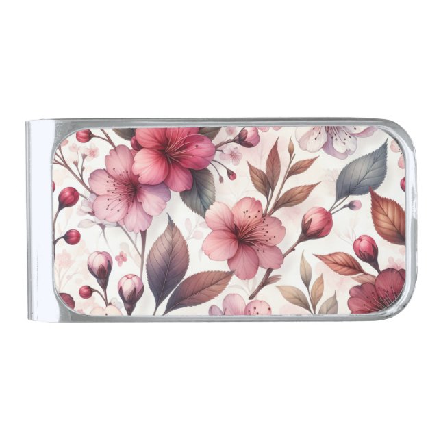 Cherry Blossom Silver Finish Money Clip (Front)