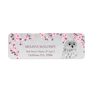 Cherry Blossom Silver Glitter Owl Label