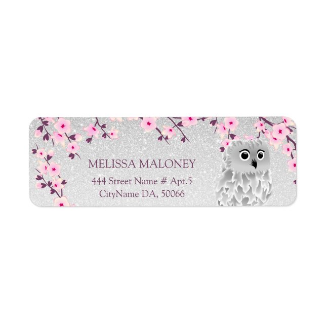 Cherry Blossom Silver Glitter Owl Label (Front)