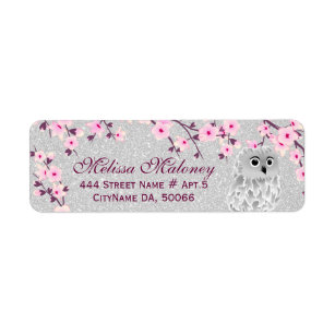 Cherry Blossom Silver Glitter Owl Label