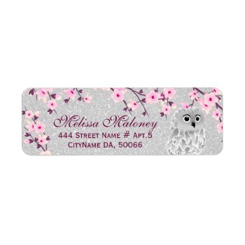 Cherry Blossom Silver Glitter Owl Label by SparklingSakura at Zazzle