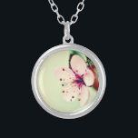 Cherry Blossom Silver Plated Necklace<br><div class="desc">Close up view of the delicate cherry blossom flower. A pastel-pink flower with soft round petals. Background is a pale lime green.</div>