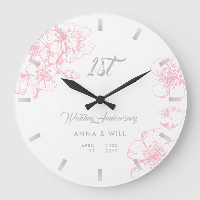 Cherry Blossom Sketch Modern Wedding Anniversary Large Clock (Front)