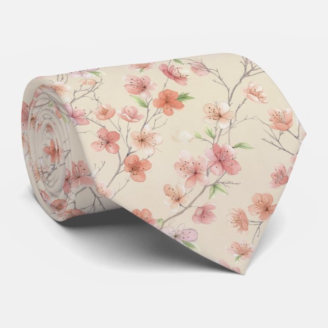 Cherry Blossom Spring Floral Pattern Neck Tie (Rolled)