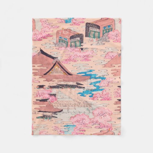 Cherry Blossom Spring Landscape Vintage Japanese Fleece Blanket