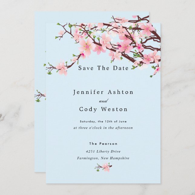 Cherry Blossom Spring Wedding Save The Date Blue (Front/Back)