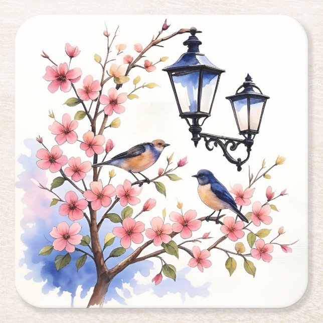 Cherry Blossom Square Paper Coaster (Front)