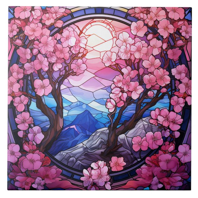 Cherry Blossom Stained Glass  Ceramic Tile (Front)