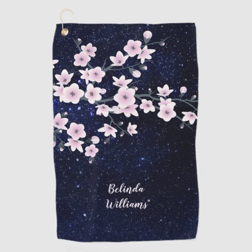 Cherry Blossom Starry Night Sky Pink Blue Monogram Golf Towel