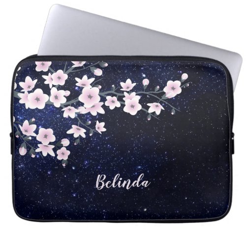 Cherry Blossom Starry Night Sky Pink Blue Monogram Laptop Sleeve