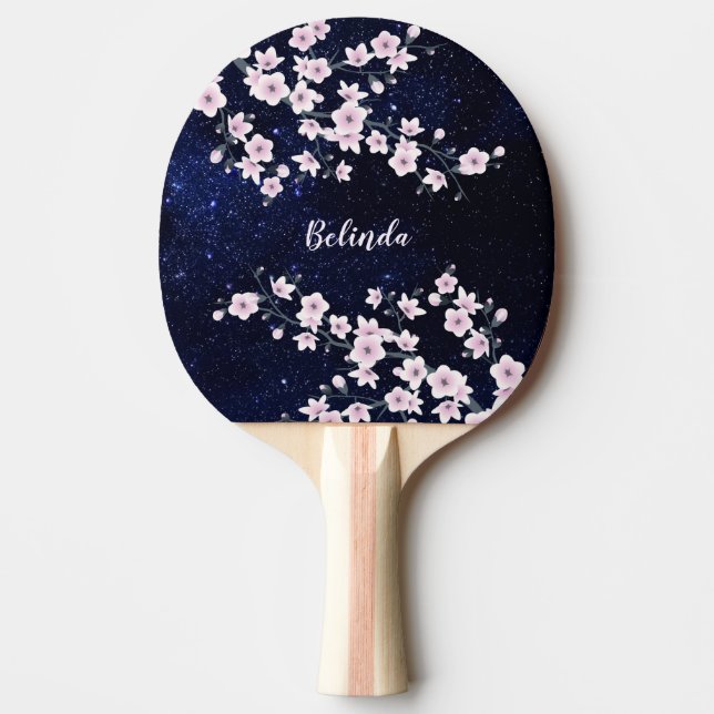 Cherry Blossom Starry Night Sky Pink Blue Monogram Ping Pong Paddle (Front)