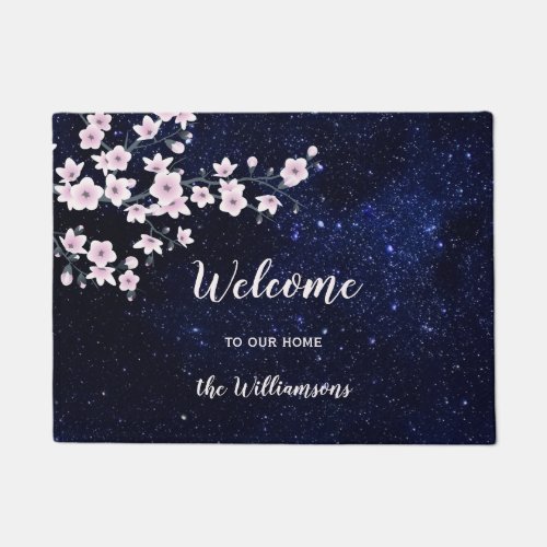 Cherry Blossom Starry Night Sky Pink Blue Name Doormat