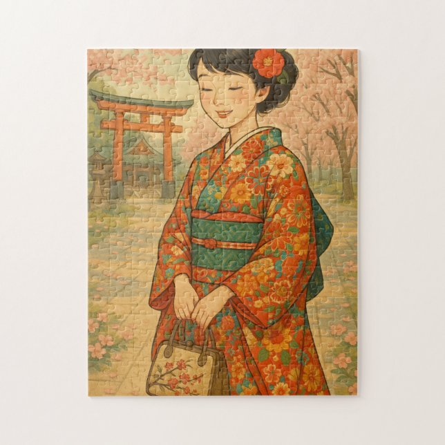 Cherry Blossom Stroll - Japanese Girl in Kimono Jigsaw Puzzle (Vertical)