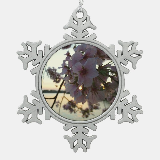 Cherry Blossom Sunset in Washington DC Snowflake Pewter Christmas Ornament (Front)