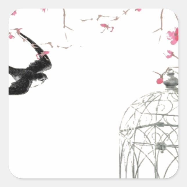 Cherry blossom, swallow, birdcage design square sticker (Front)