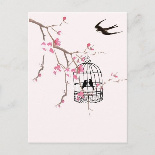 Cherry blossom swallow _ wedding invite unique postcard