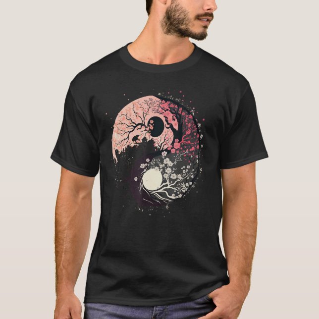 Cherry Blossom Taoism Yin Yang on Zen Taijitu Yin  T-Shirt (Front)