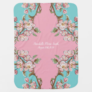 Cherry Blossom Teal Retro Vintage Baby Shower Baby Blanket