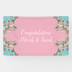 Cherry Blossom Teal Retro Vintage Baby Shower Banner