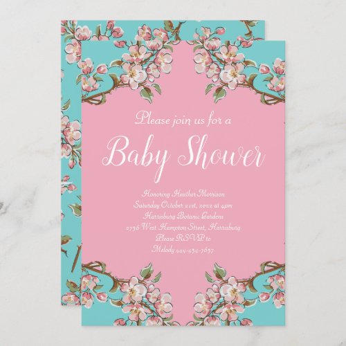 Cherry Blossom Teal Retro Vintage Baby Shower Invitation