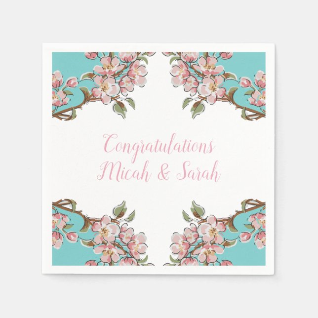 Cherry Blossom Teal Retro Vintage Baby Shower Napkins (Front)