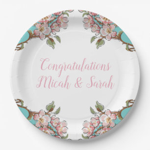 Cherry Blossom Teal Retro Vintage Baby Shower Paper Plates