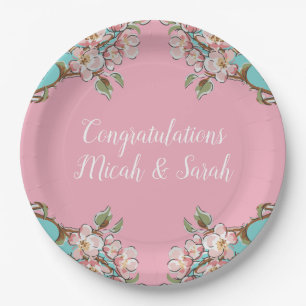 Cherry Blossom Teal Retro Vintage Baby Shower Paper Plates