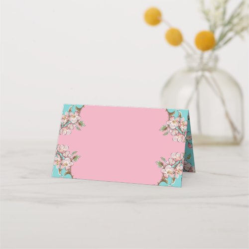 Cherry Blossom Teal Retro Vintage Baby Shower Place Card