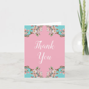Cherry Blossom Teal Retro Vintage Baby Shower Thank You Card