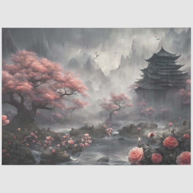 Cherry Blossom Temple – Asian Fantasy Landscape  Tissue Paper (Front)