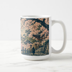 Cherry Blossom Temple Sunset Woodblock-Style Mug