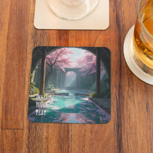 Cherry Blossom Temple With Sacred Pool Anime Square Paper Coaster