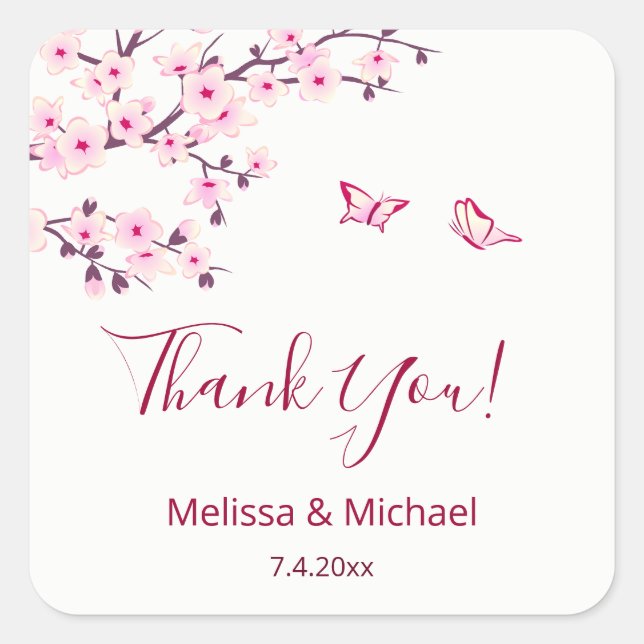 Cherry Blossom Thank You Wedding Favor   Square Sticker (Front)